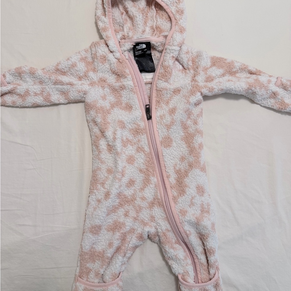 The North Face Cozy Hooded Pink and White One-Piece fleece for Kids